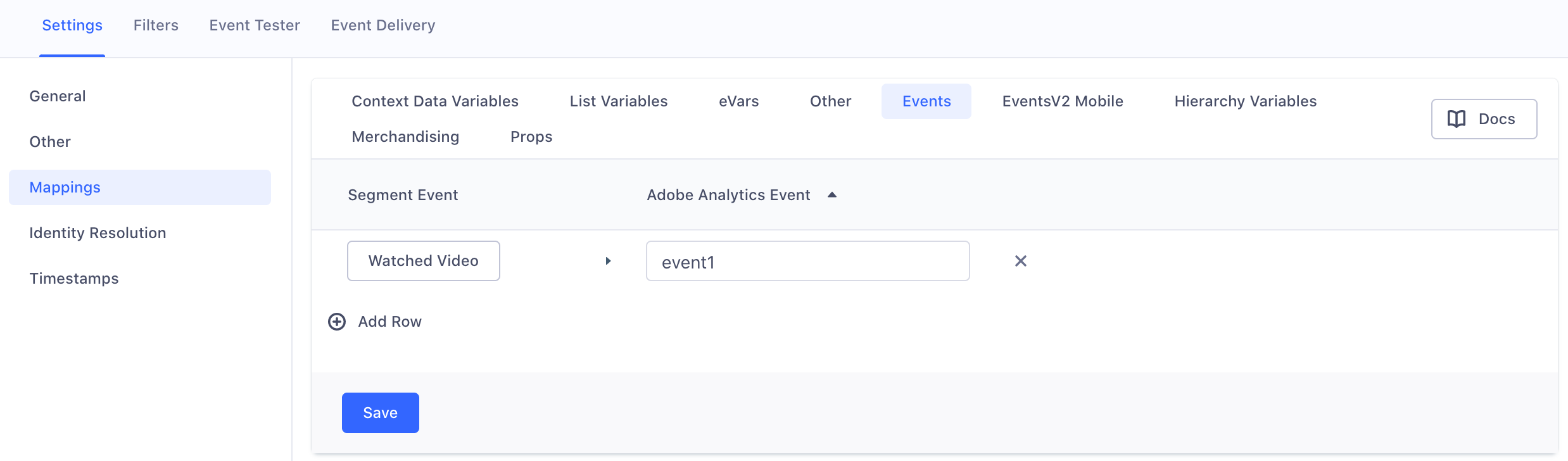 A screenshot of the Adobe Analytics settings page in Segment, with the Mappings section selected and a sample event mapping under the Events tab.