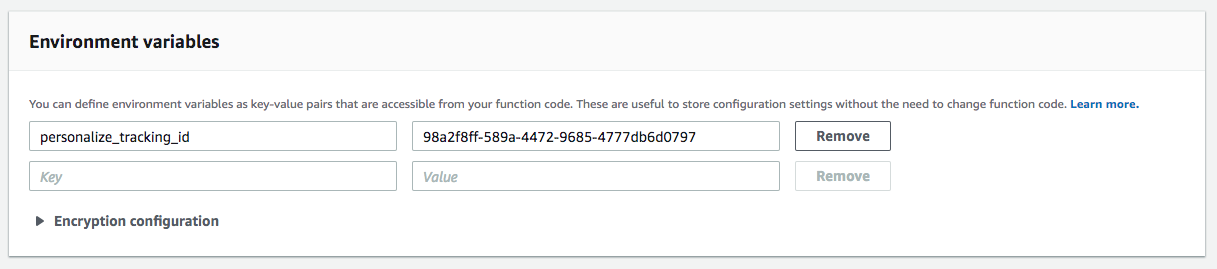 A screenshot of the key/value pairs under the Environment variables page, with the key personalize_tracking_id present.