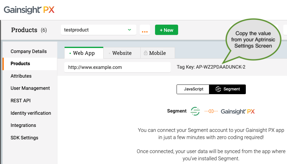 A screenshot of the Gainsight PX Products tab, with a callout that says Copy the value from your Aptrinsic Settings Screen.