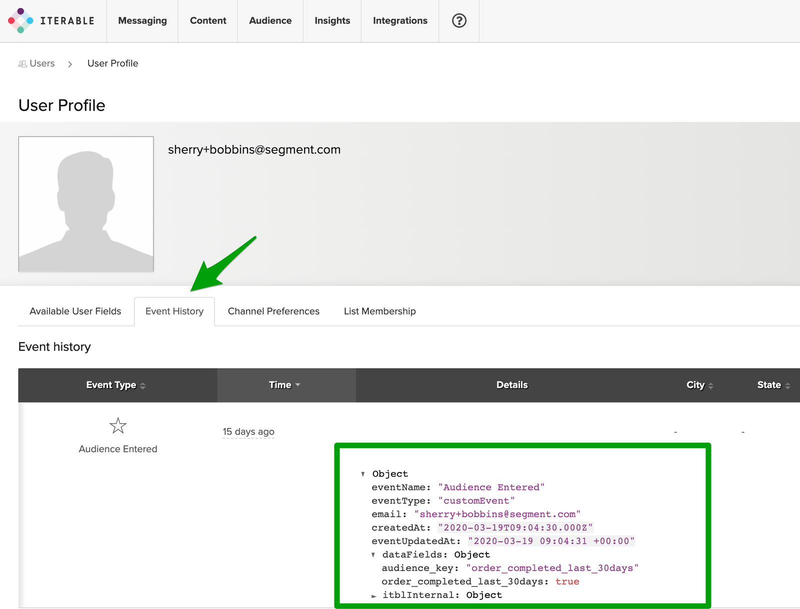A user profile in Iterable with the Event History tab selected.