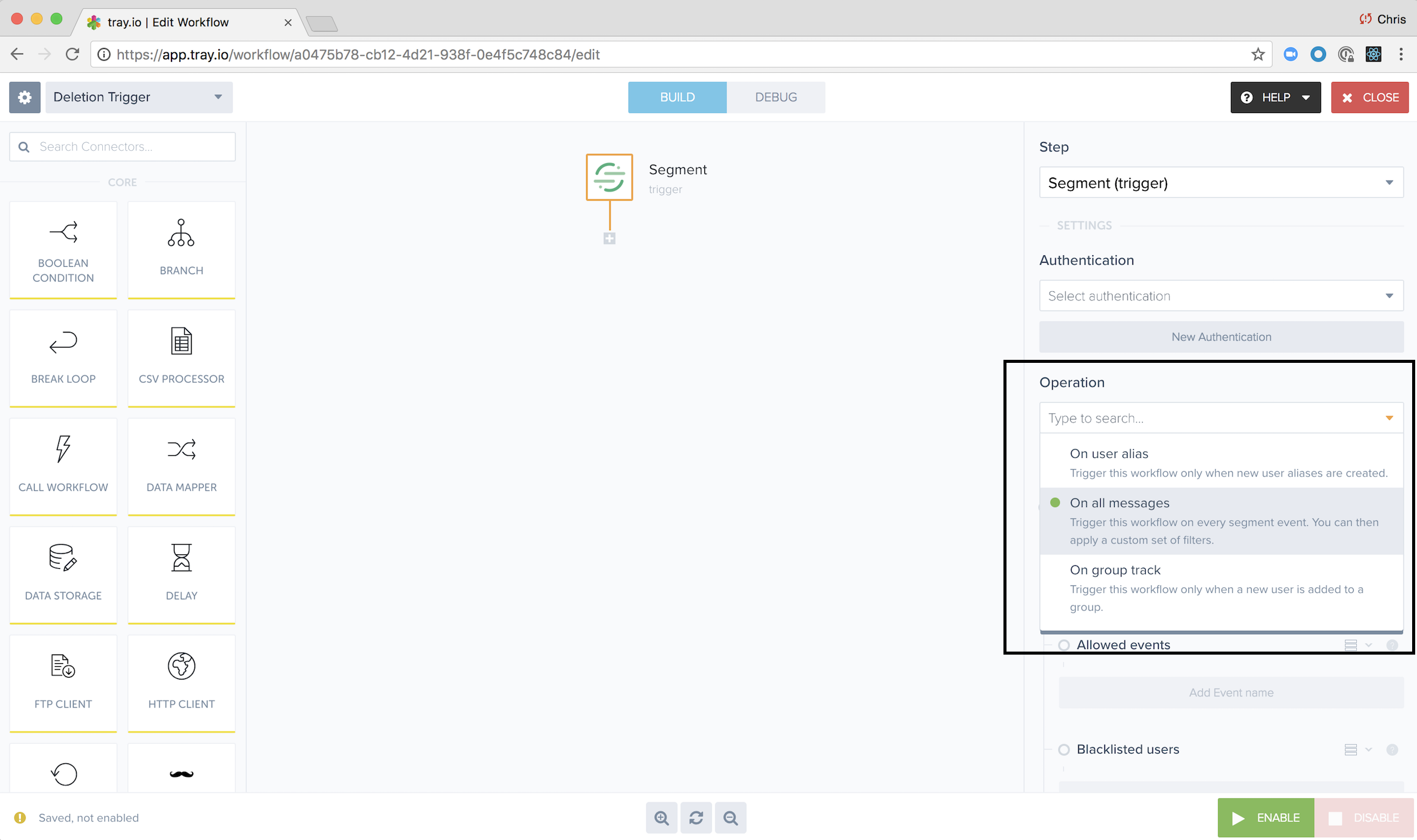 A screenshot of a Tray.io workflow, with an outline around the Operation menu.