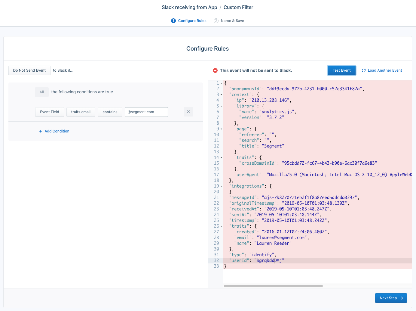 Example of a filter that removes internal and test events from production tools