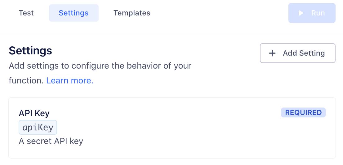 A screenshot of the functions settings tab, showing the apiKey setting