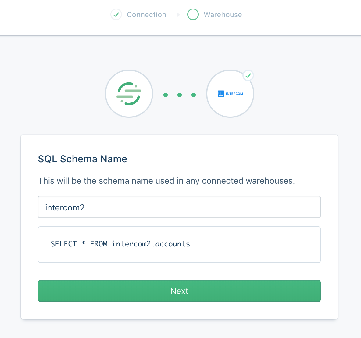 Screenshot of the SQL Schema Name screen in the Intercom setup flow.