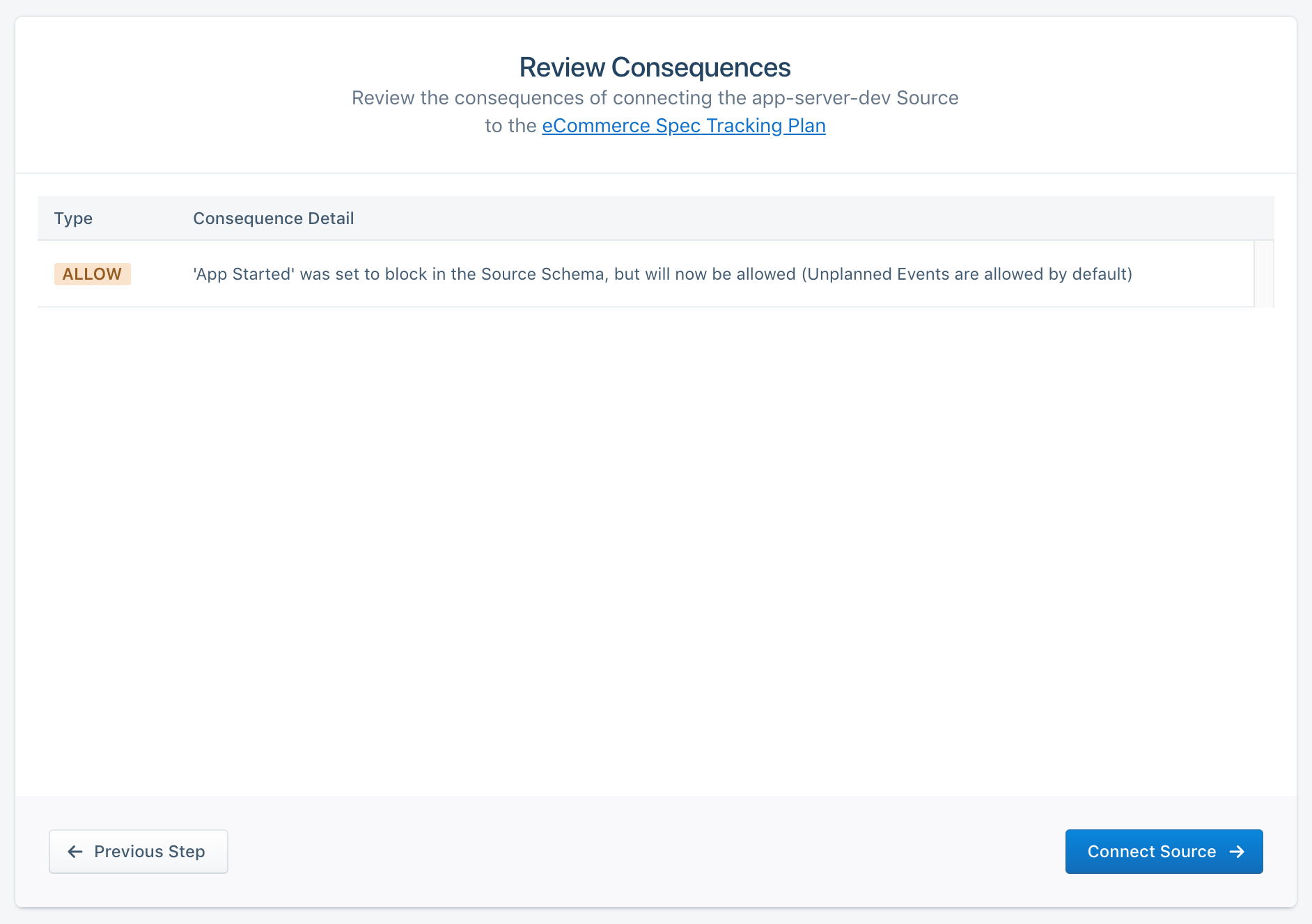 Screenshot of the Review Consequences page, with one type and consequence detail present on the page.