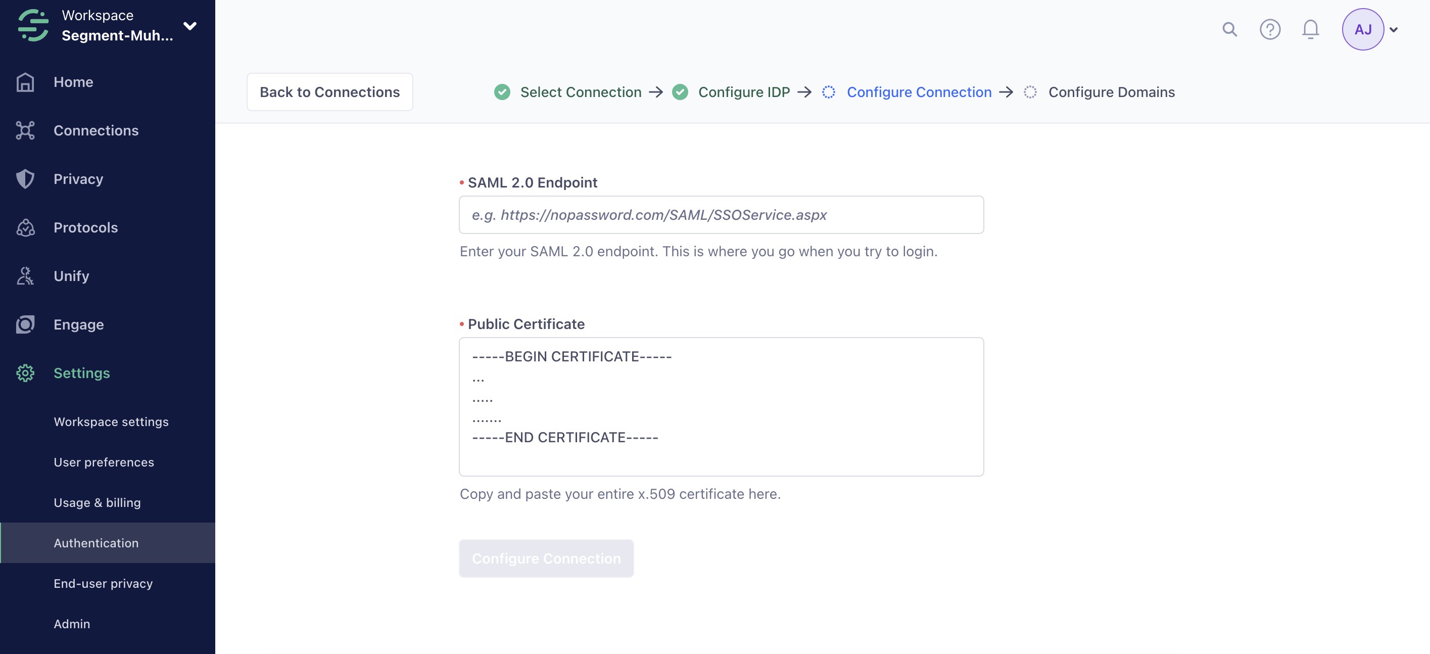 Screenshot of the Segment Configure Connection screen.