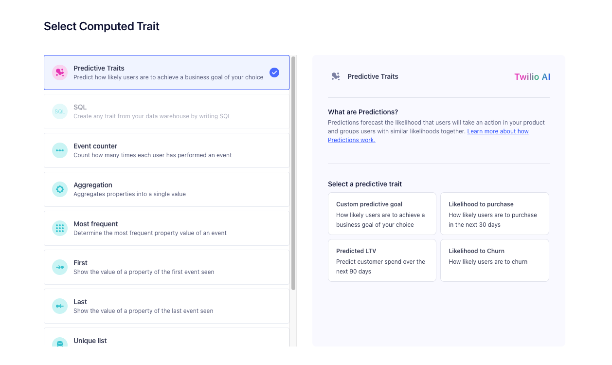 The Predictive Trait builder in the Segment UI